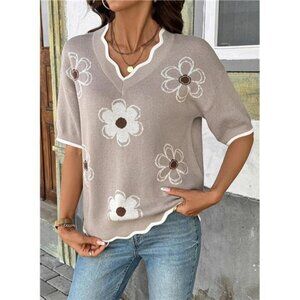 Women's Casual V Neck Short Sleeve Sweater Ribbed Knit Lightweight